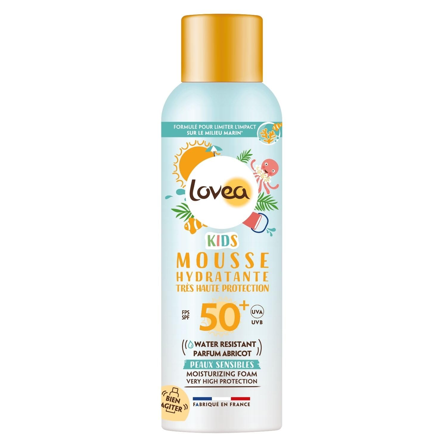 LOVEA - Mousse Hydratante Kids FPS 50+ - Très Haute Protection Solaire Visage & Corps - Parfum Abricot - Protection UVA/UVB - Peaux Sensibles - Résistant À L'Eau - Vegan - Fabriqué En France - 150 ml