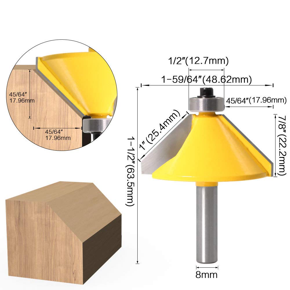Punta per router smussatura/bisello a 45 gradi con gambo da 8mm, fresa per smussatura fresa per scanalature punta per router strumento per taglio del legno con cuscinetto a sfera