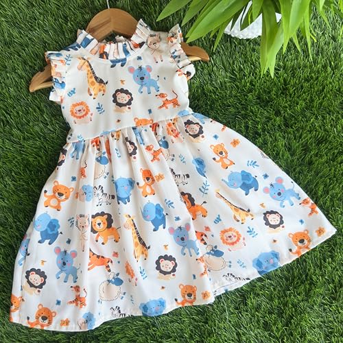 Image of Stanwells Kids Baby Girls Off-White Animal Print Cotton Rayon Knee-Length Frock | Sleeveless Summer Dress with Lion Print & Flared Back Zipper (6 Months-7 Years)