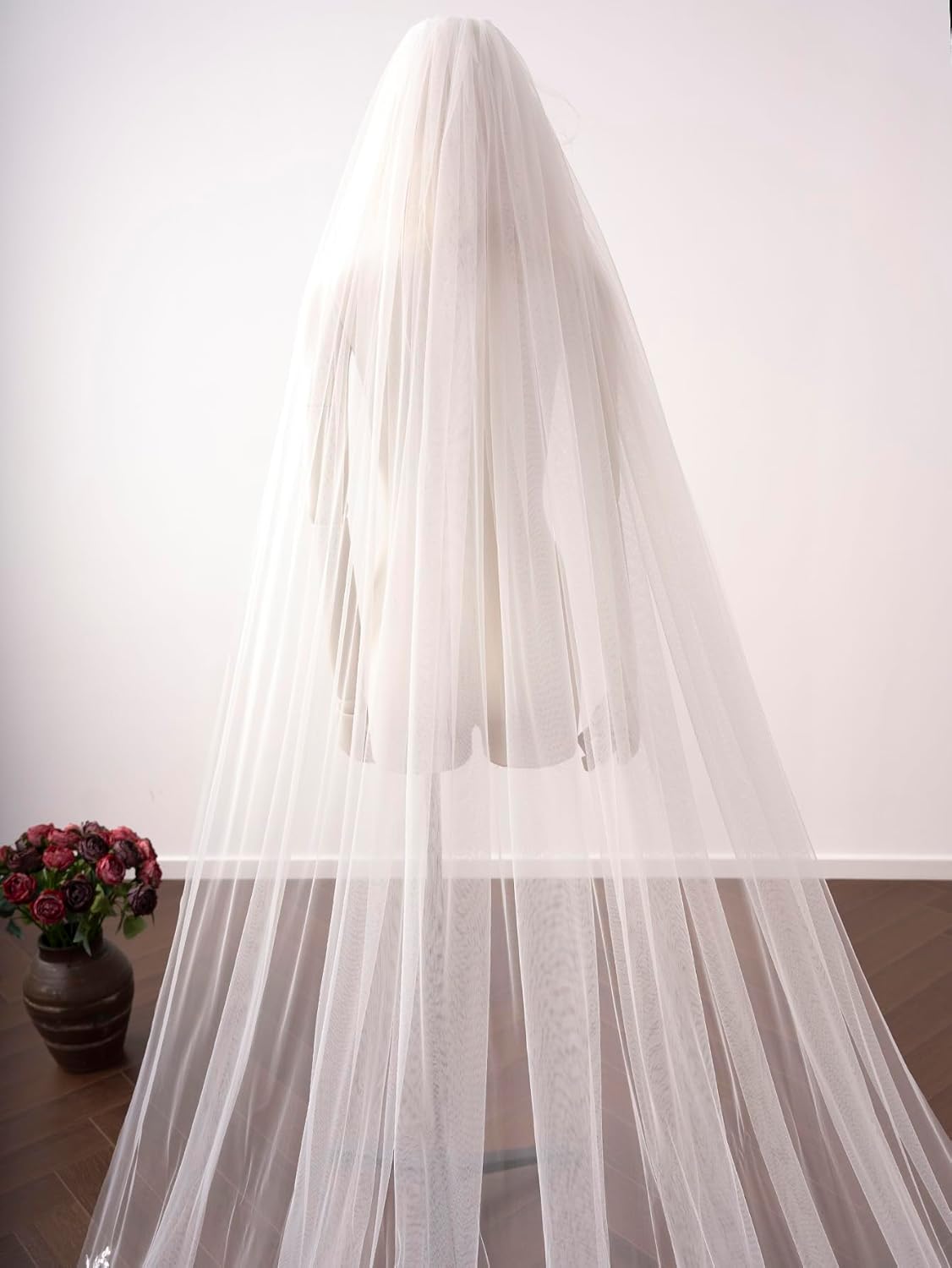 Lace Applique Cathedral Length 1 Tier Wedding Bridal Veil with Comb