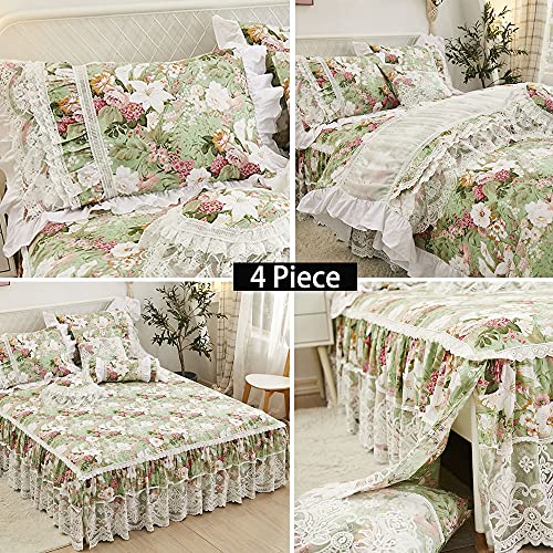 Fadfay French Country Bedding Set Twin Cotton Girls Floral Duvet Cover 4 Piece- White Lace Luxury Princess Dust Ruffle 18'' Split Corner Bed Skirt #TOP2