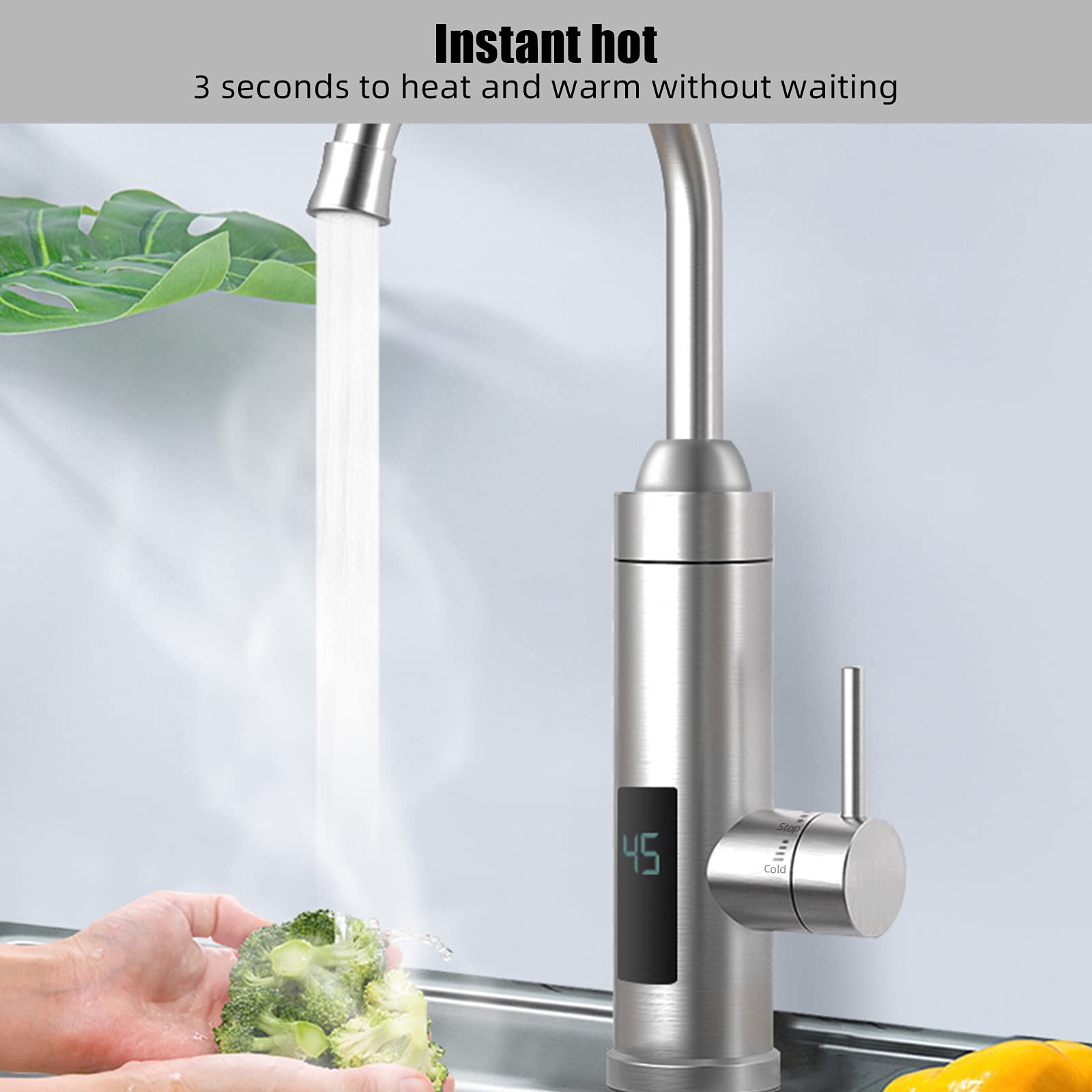 Waterkraan keuken, roestvrij staal, elektrische keukenkraan, 220 V, 3000 W, onmiddellijke warme spoelbakkraan, led-temperatuurweergave, smart heater, armatuur, doorstroomboiler, warmwaterkraan Waterkraan keuken, roestvrij staal, elektrische keukenkraan, 220 V, 3000 W, onmiddellijke warme spoelbakkraan, led-temperatuurweergave, smart heater, armatuur, doorstroomboiler, warmwaterkraan