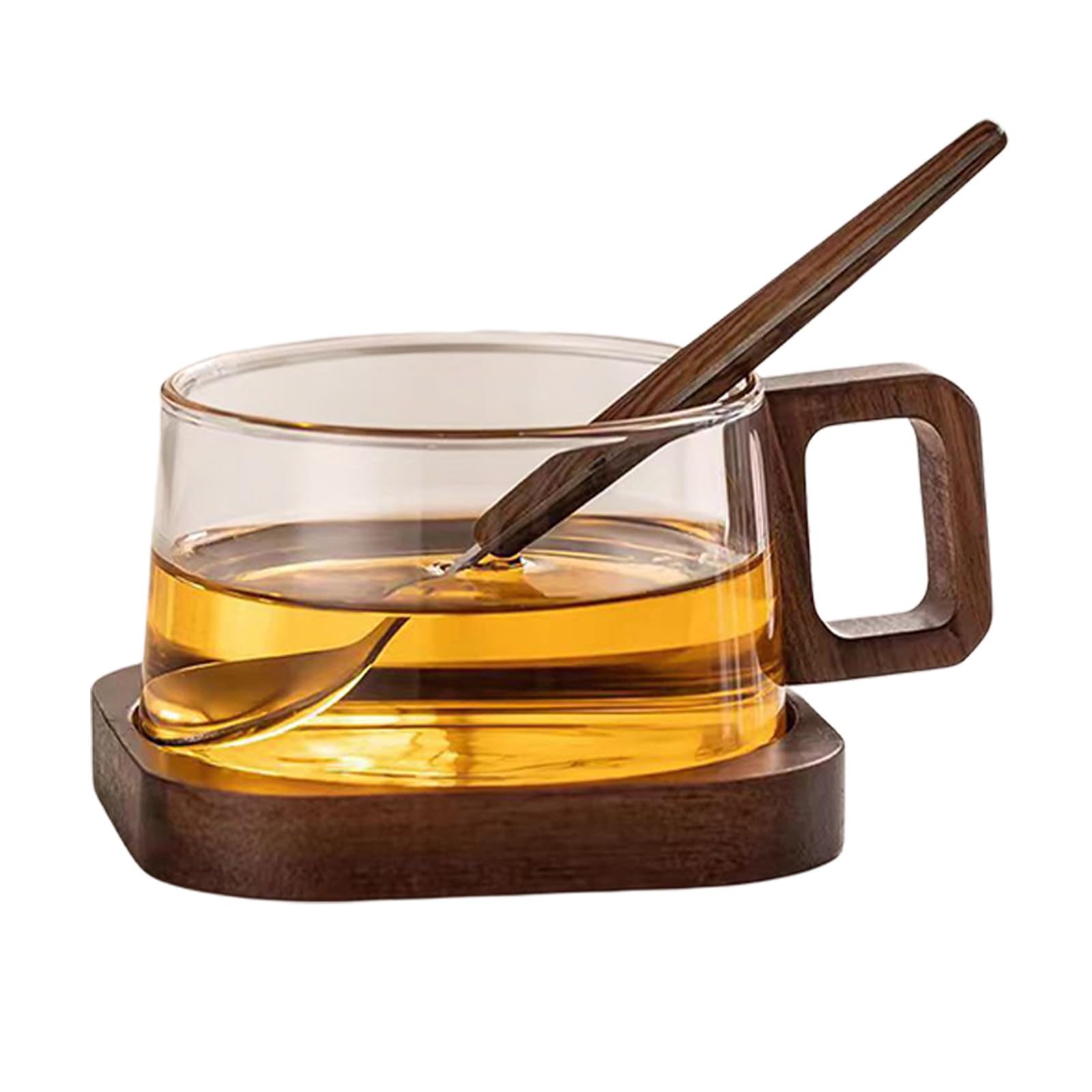 Qusinfc Borosilicate Glass Tea Cup with Wooden Handle for Hot Cold Beverages Coffee Mug Perfect for Home Offices Use Multipurpose Beverage Cup