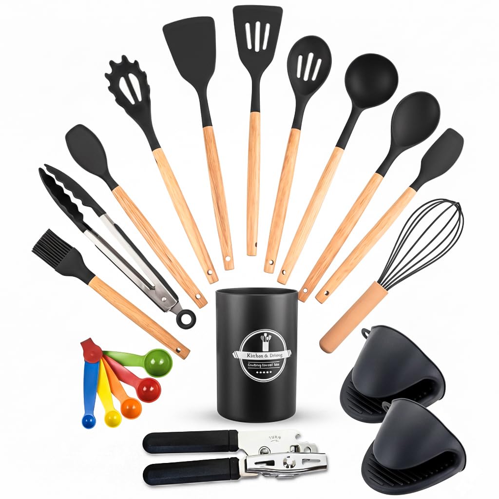 Black Silicone Utensils Set with Wooden Handles