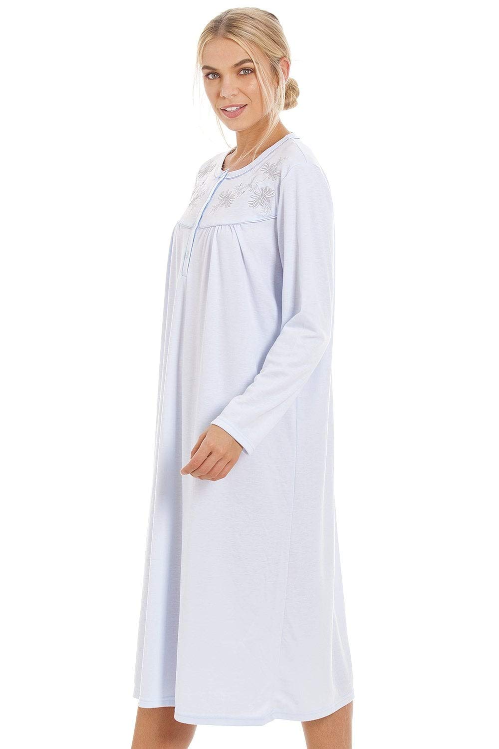 Camille Chemise De Nuit Manches Longues pour Femme - Design Classique, Tissu Lisse, Broderie Florale, Boutons, Confortable