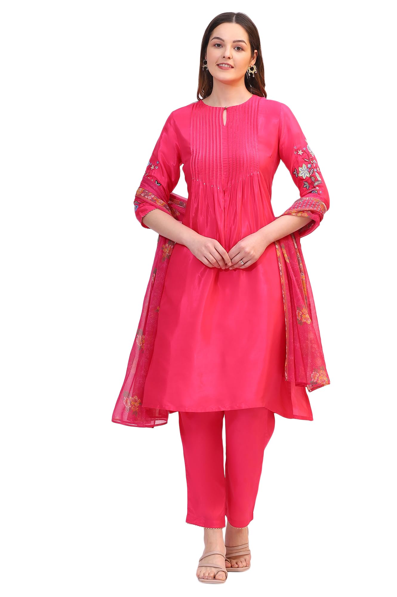 Thread Embroidered Shantung Kurta, Pants and Dupatta Set-image-18