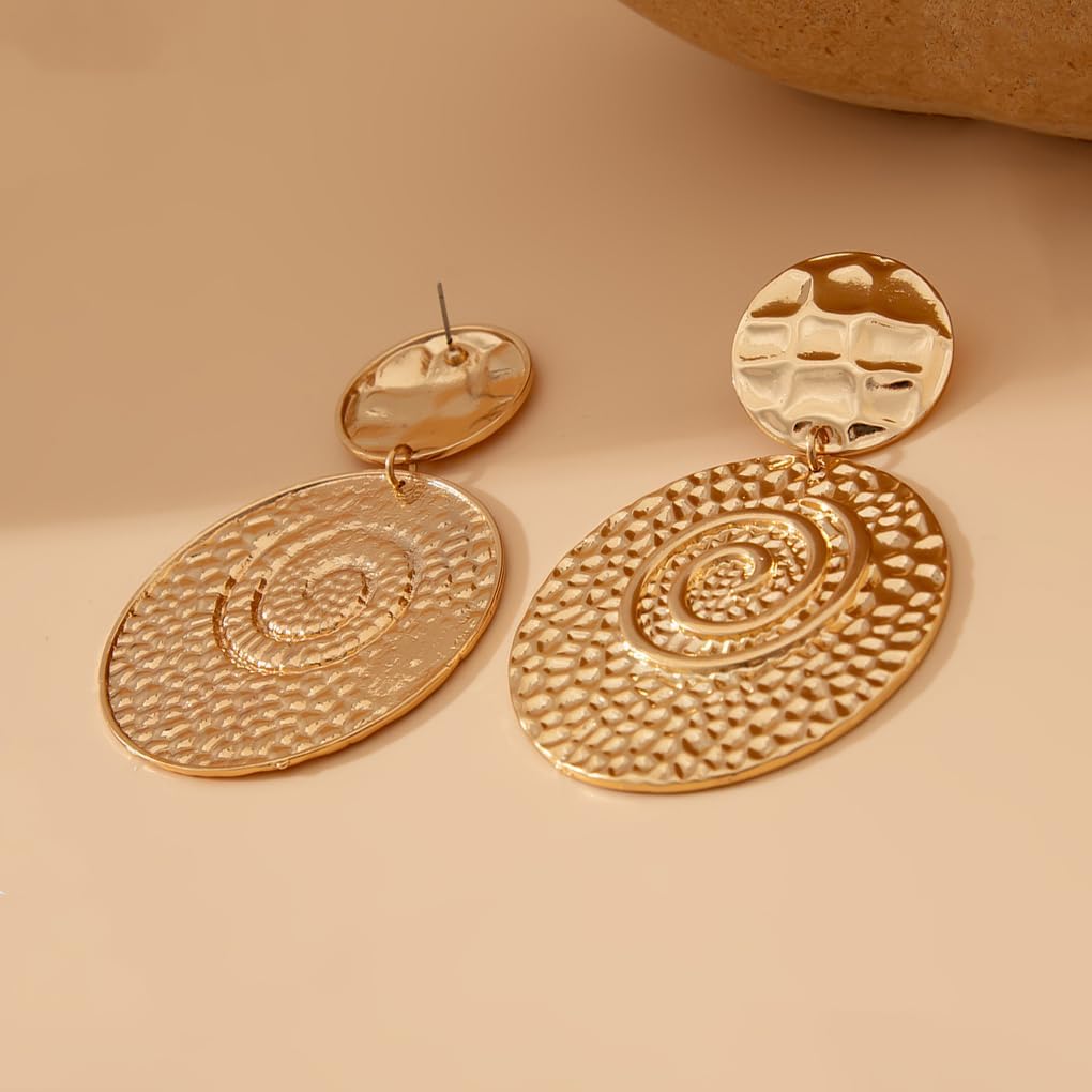 Gold Harmmered Spiral Statement Earrings for Women,Large Round Dangle Vintage Disc Earrings for Prom Party,Trendy Retro Aesthetic Jewelry - Image 5