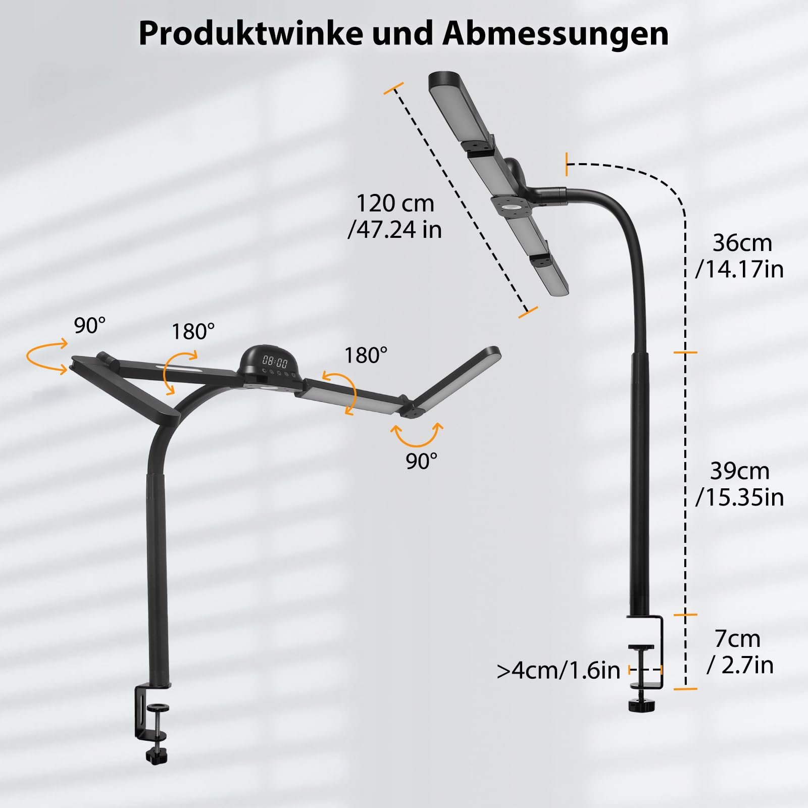 Lámpara de escritorio LED con RGB, 120 cm, regulable, lámpara de luz diurna con sensor de movimiento, sensor de luz, mando a distancia, reloj, para oficina, lectura, arquitectos, sastres