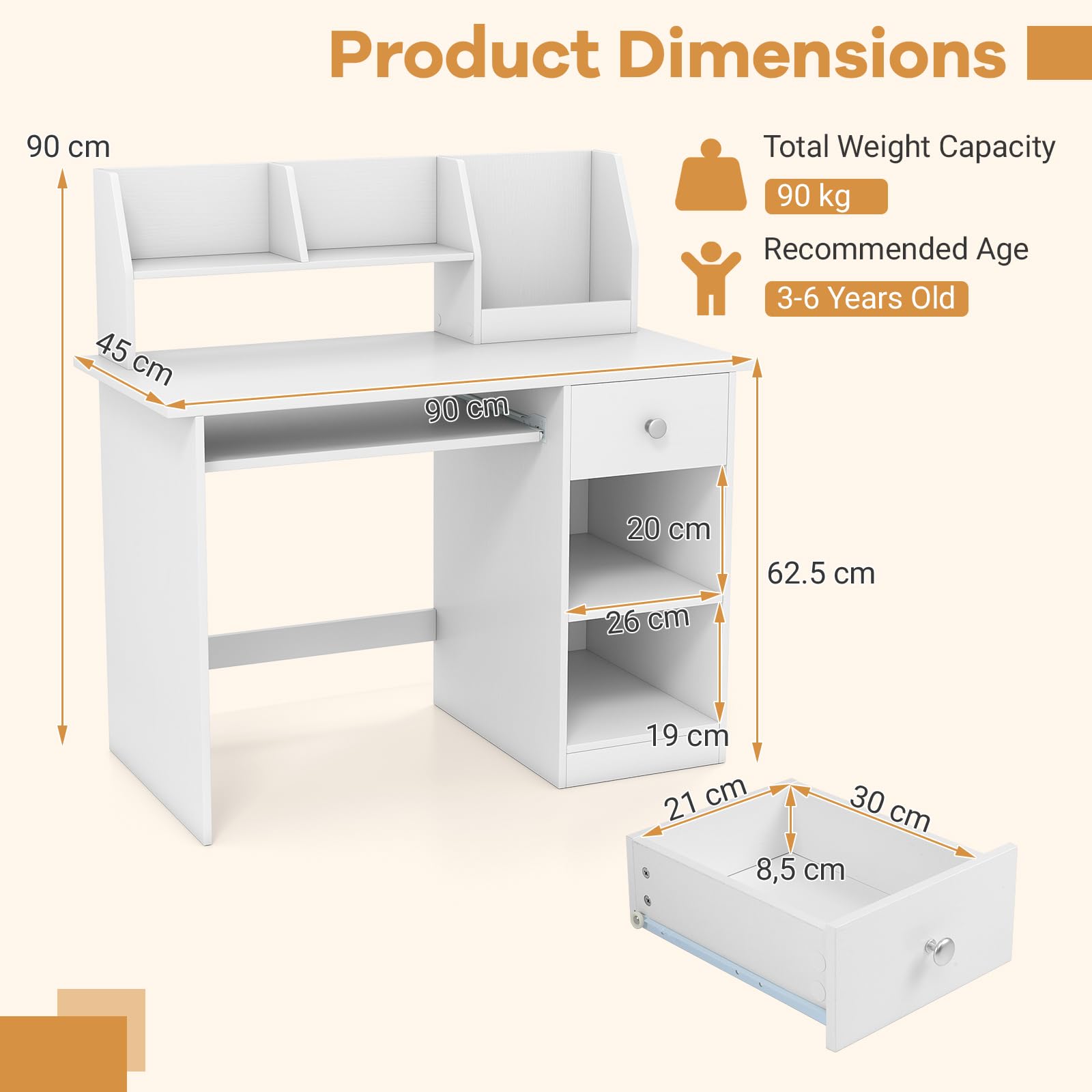 DREAMADE Schreibtisch Kinder mit Bücherregal & Schublade & Ablage & Tastaturablage, Jugendschreibtisch Schülerschreibtisch, Kinderschreibtisch aus Holz für Jungen und Mädchen, 90x45x90cm (Weiß)