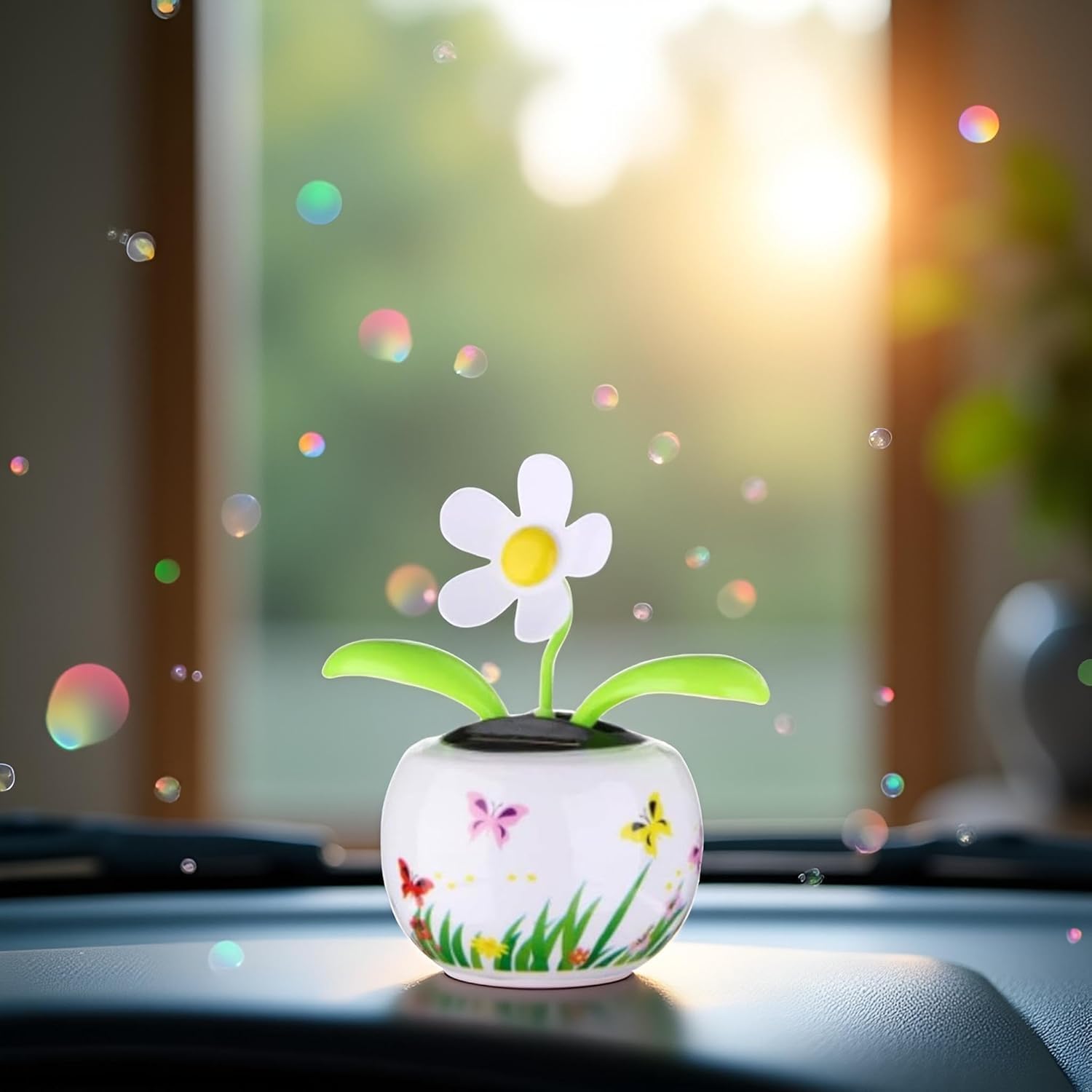 太陽電池式ダンシングホワイトフラワー、カラフルなフリップフラップボブルヘッド、車のダッシュボード用サンキャッチャー、ウィンドウデコレ