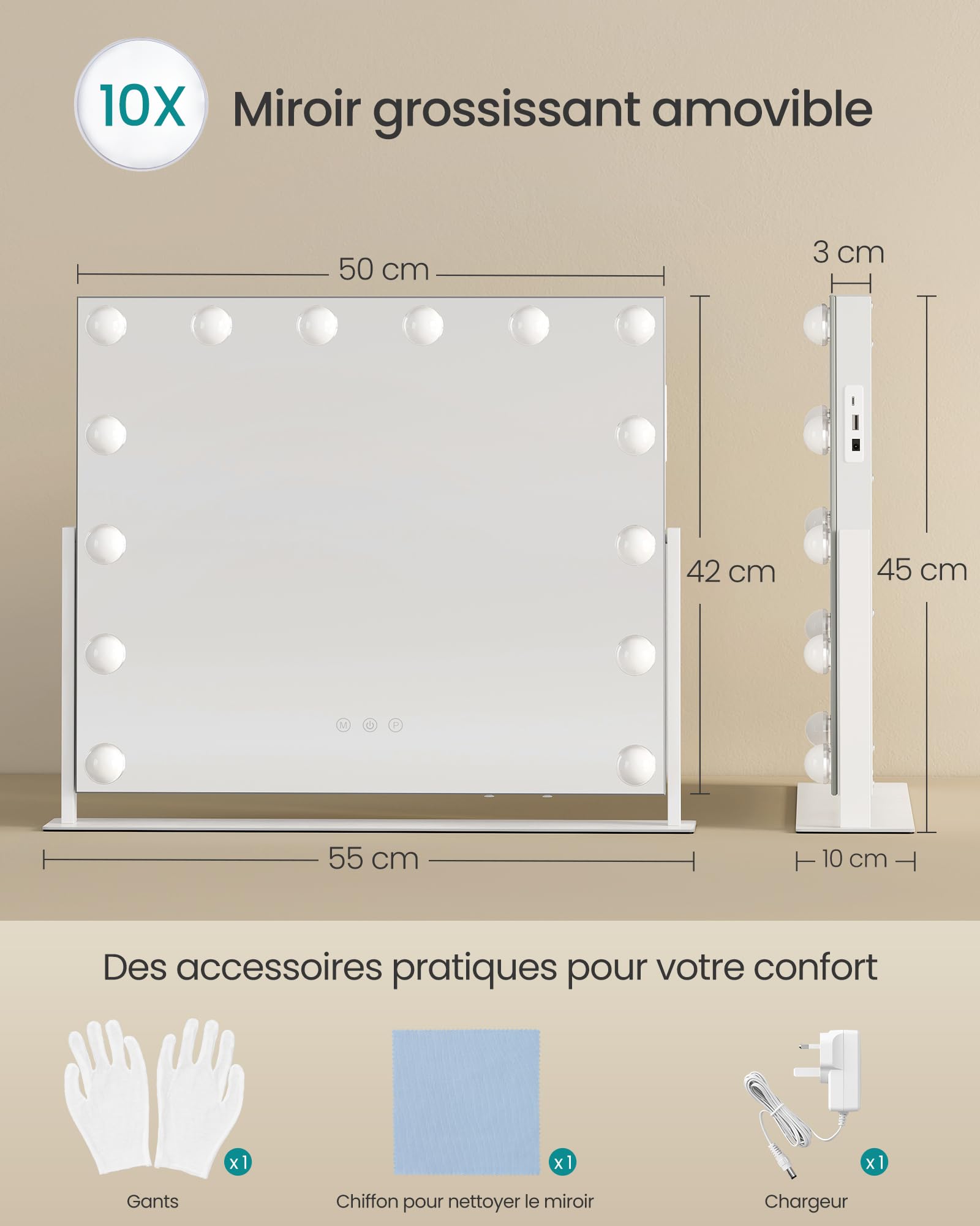 SONGMICS Miroir de Maquillage avec Lumières, 14 Ampoules LED, Ports de Charge, Miroir Grossissant Détachable 10x, 3 Températures de Couleur, Support de Téléphone, 50 x 42 cm, Blanc Mat LWM007WC02
