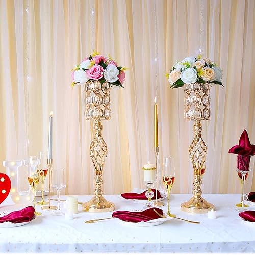 Miniatura 8 de Juego de 10 jarrones de metal con diamantes de cristal para mesa de boda, 24 pulgadas, soportes de flores altos versátiles dorados, soportes de