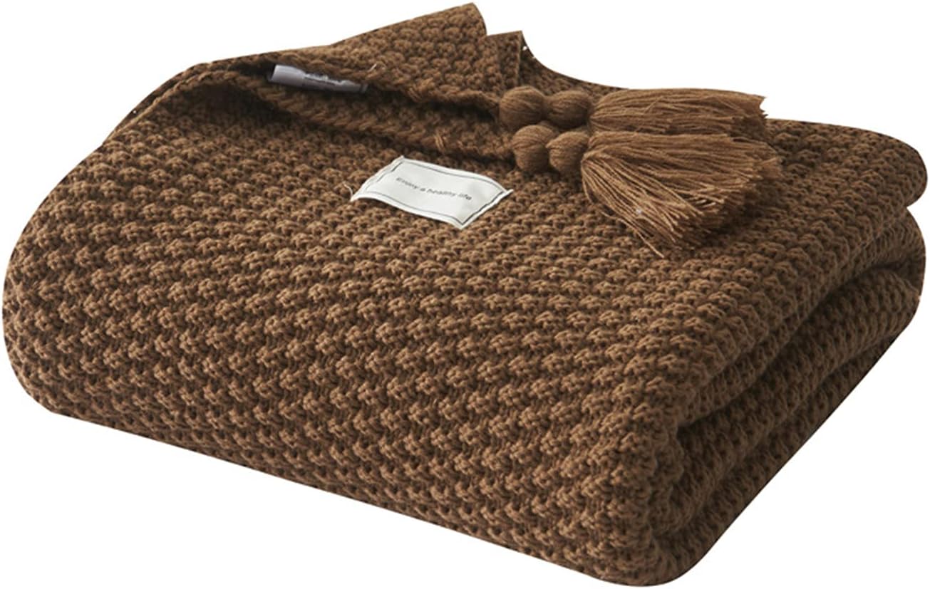 Knitted Throw Blanket for Sofa, Soft Lightweight Blankets Fluffy Warm with Decorative Tassels Blanket,Machine Washable. (Brown,110 * 150CM)
