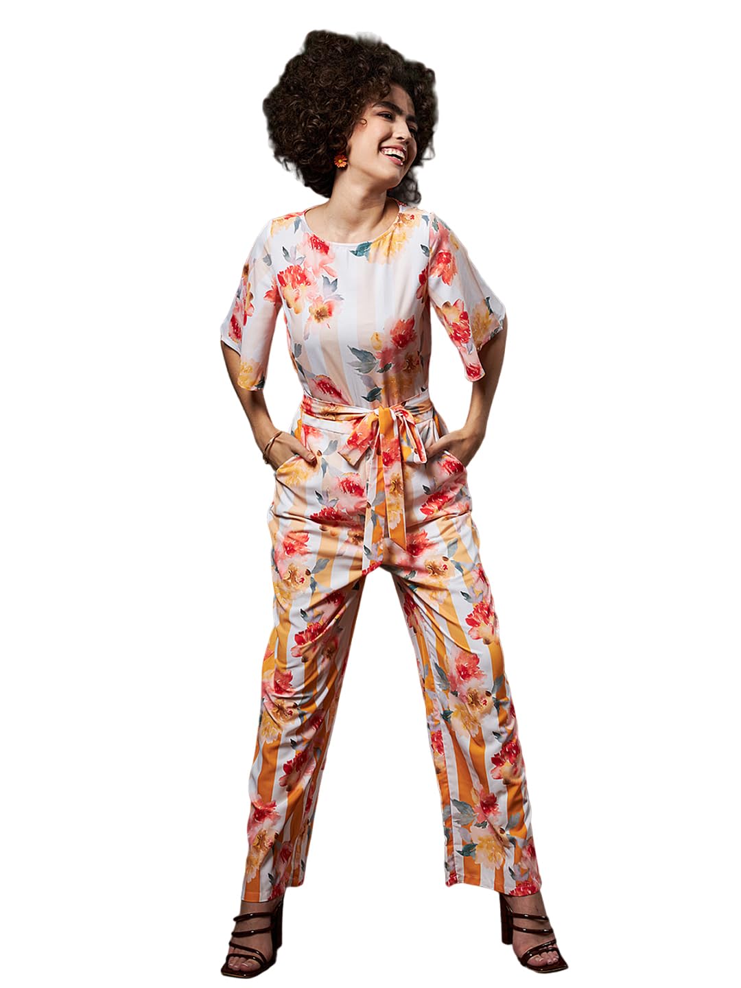 Regular fit NA Polyester Boat Neck Short Sleeves Printed Smart Casual Jumpsuit-image-1