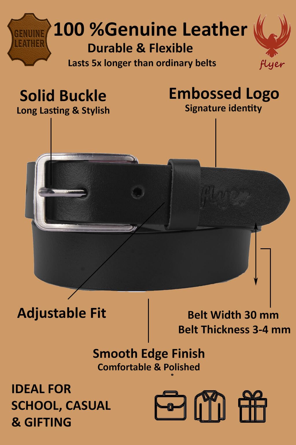 Flyer Kids Genuine Leather Belt for Boys & Girls (Color- Black) | Adjustable Fit, Durable Buckle | Real Leather Belt for School, Casual & Formal Wear (2–14 Years) BL4579-18 - Image 2 thumbnail