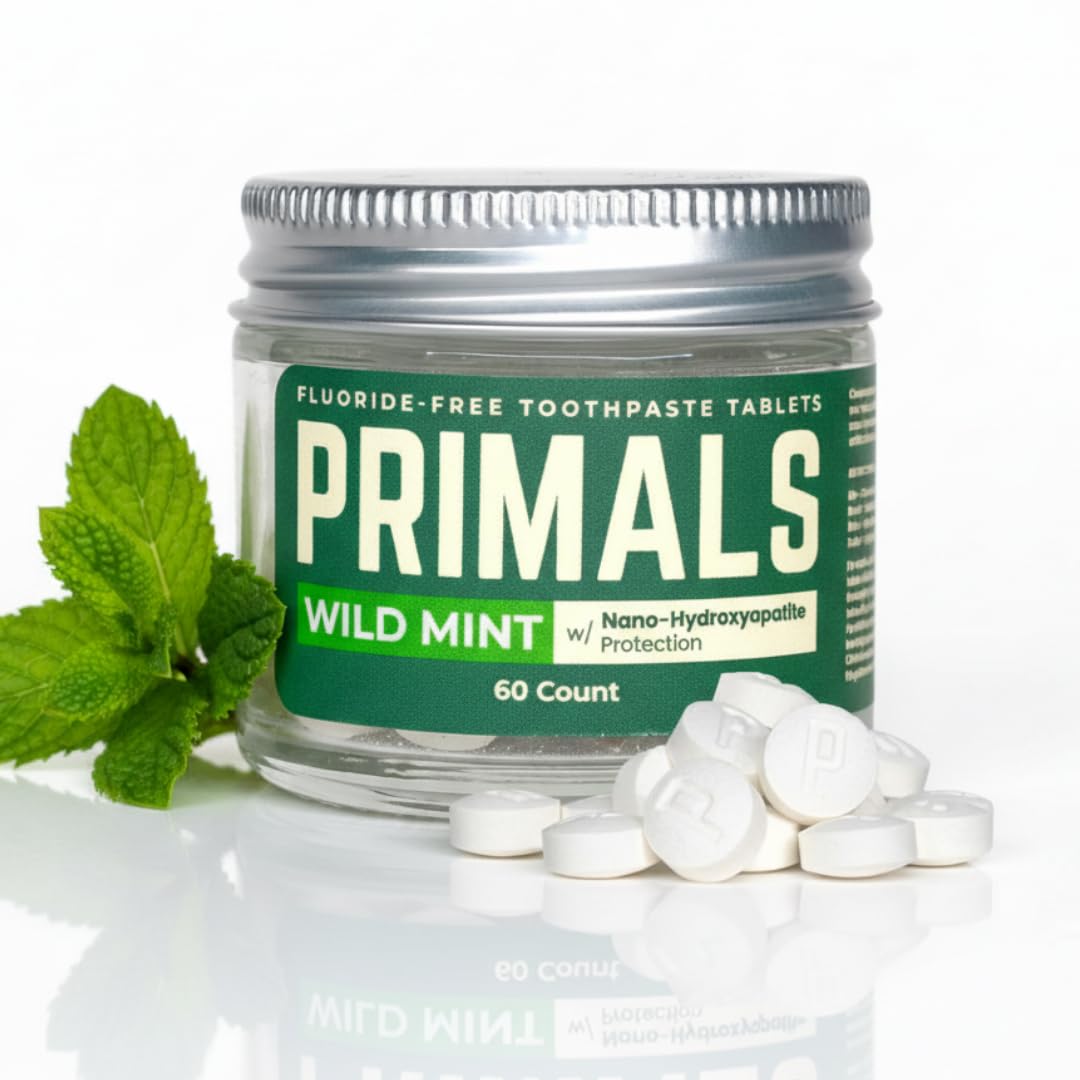 PRIMALS Fluoride-Free Toothpaste Tablets - Nano Hydroxyapatite - Zero Artificial Flavors or Plastic - Remineralizes & Whitens Teeth - 60 Count (1 Month Supply)