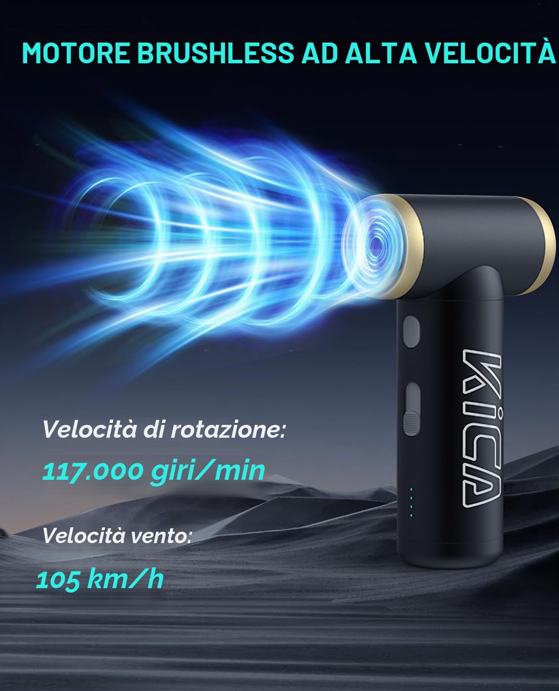 KiCA Jet Fan 2S - Spolverino elettrico ad aria portatile ad alta velocità, 117000 giri/min, mini ventilatore a getto in lega di alluminio, senza fili per tastiera PC, dettagli auto e campeggio (nero)