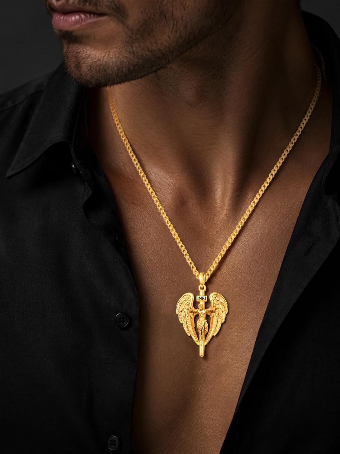 Crucifix Necklace for Men Gold Angel Wing Cross Jewelry Christian Religious Baptism First Communion Necklace Anniversary Birthday Gifts for Husband, Boyfriend, Father