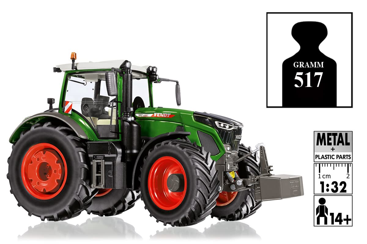 WIKING 077865 Fendt 942 Vario, Model traktora, 1:32, Metal,Tworzywo sztuczne, Od 14 lat, Liczne funkcje, Zdejmowane obciążenie przednie, Wymienne koła, Ruchome wahacze górny i dolny