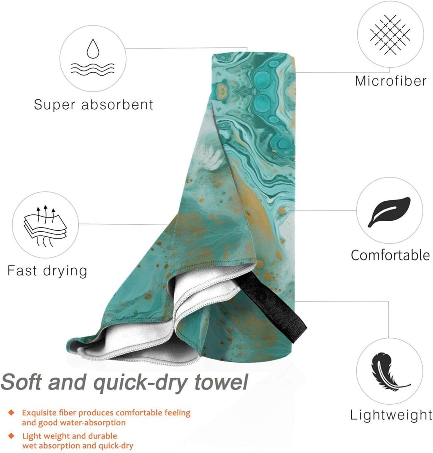 Teal and Gold Marble Printed Microfiber Towel,Camping Towel,Fast Drying Towel,Soft Lightweight for Gym,Hiking,Yoga,Backpacking