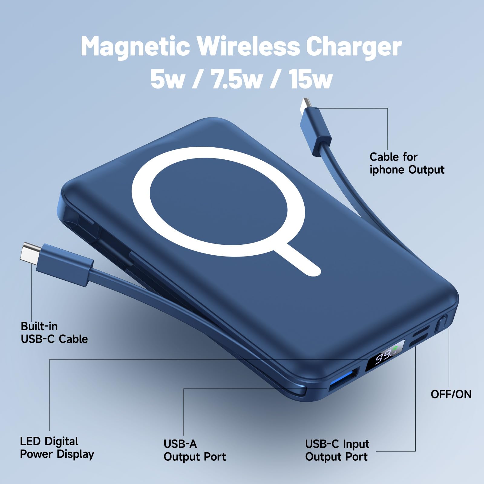 Podoru Wireless Portable Charger, 10000mAh Magnetic Power Bank Built-in USB C Lighting Cables 22.5W PD Fast Charging LED Display Mag-Safe Battery Pack for iPhone 15/14/13/13/Mini/Pro Max - Blue