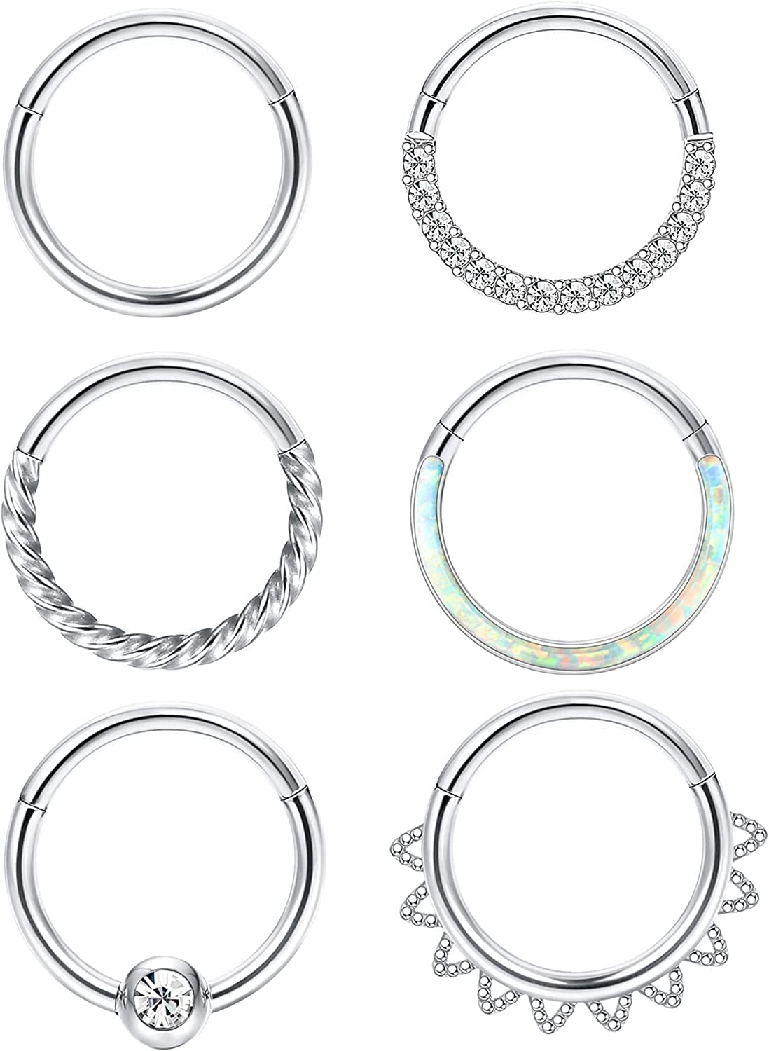 Diamday 6/8PCS Nariz Anillos Hoop Acero Quirúrgico Septum Anillos para Mujeres Hombres Clicker Septum Piercing Labial Hélix Cartílago Pendientes Concha Daith Nariz Aros Piercing 8mm 10mm 18G 16G