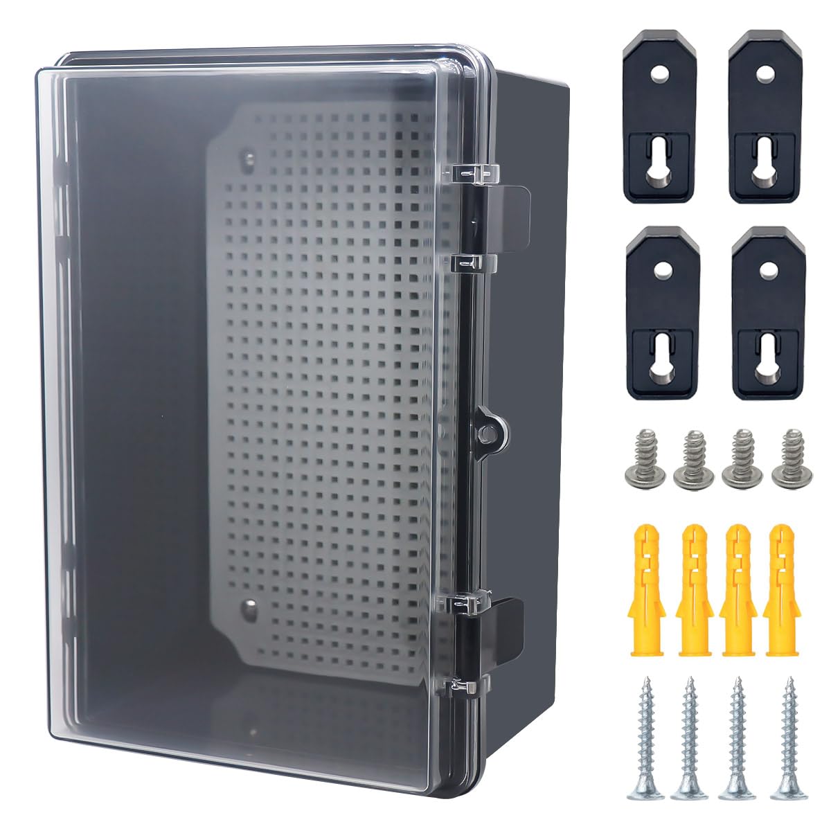 Otdorpatio Junction Box, Hinged Black Clear Cover IP67 Waterproof ABS Project Box with Mounting Plate Electrical Box Enclosure with Wall Bracket 11.4 x 7.5 x 5.5inch(290x190x140mm)