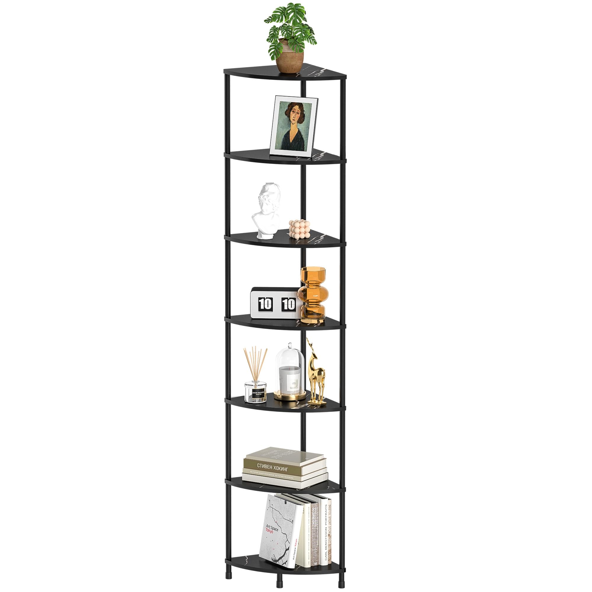 Greatseas Book Corner Shelf, 7 Tier Corner Bookshelf Display for Living Room Decor, 64.7" Standing Shelf Bookcase Organizer, Marble Black Storage