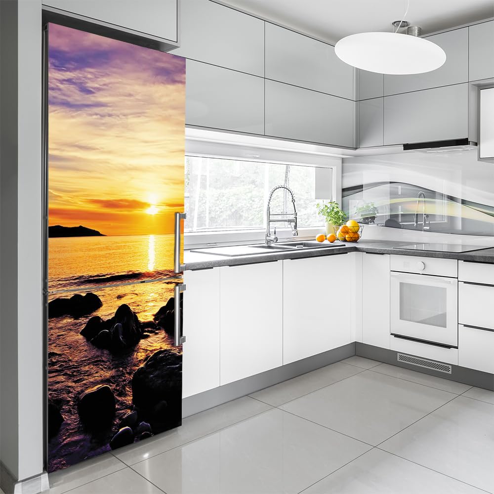 Naklejka na lodówkę Pełne pokrycie drzwi Pokrowce na lodówki Decor, skórki zamrażarki Naklejki ścienne do kalkomanii kuchennej, Sunset Seascape Reef ，Naklejki na lodówkę(L: 100x180 cm)