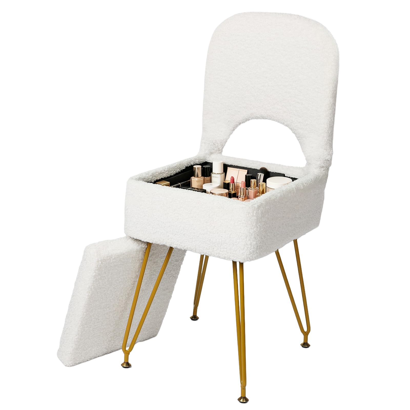 ABQ White Small Vanity Stool Storage Folding Back 13x14x30in