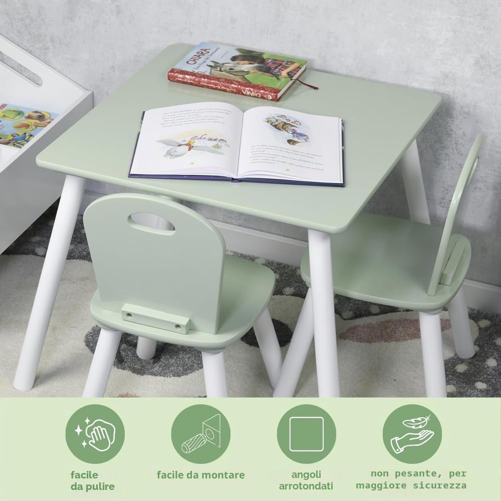 Kesper Tavolo per bambini con due sedie, legno di ingegneria, bianco, verde, 55 x 55 x 45 cm