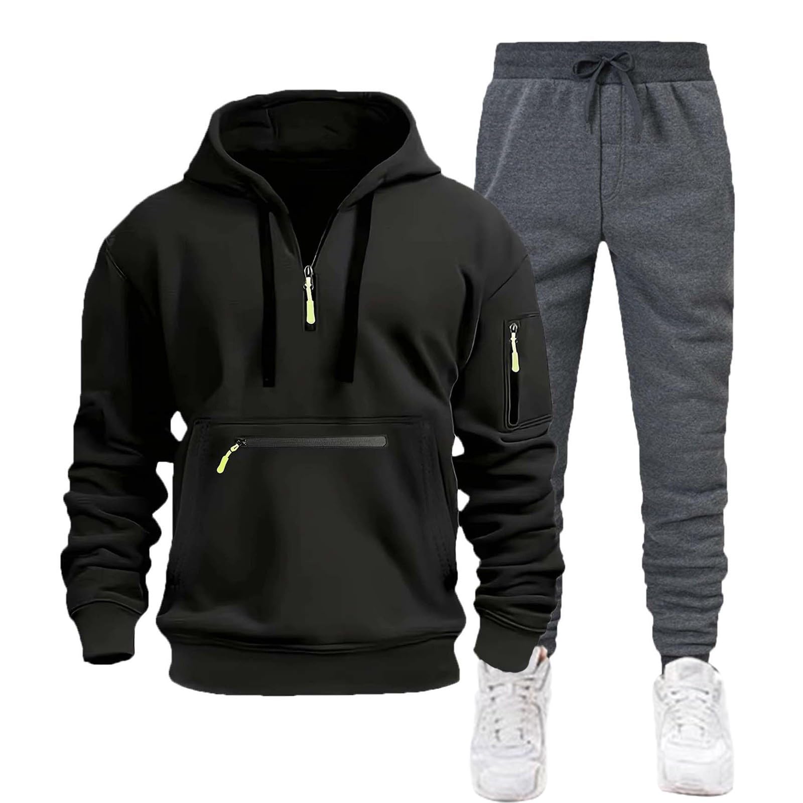 Generisch Tuta da jogging da uomo, in pile, da allenamento, con chiusura lampo a 1/4, con cappuccio e pantaloni da uomo, per fitness, palestra, per attività all'aria aperta