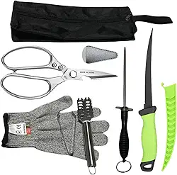 Conjunto de 7 facas de pesca, kit de limpeza de peixe, faca de filé para peixe, escova de limpeza de escama de peixe, tesouras multifuncionais, luvas, pinças de espinha de peixe, bolsa de