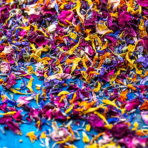 Confeti de pétalos de flores biodegradables naturales de rosa roja arcoíris, caléndula naranja y...