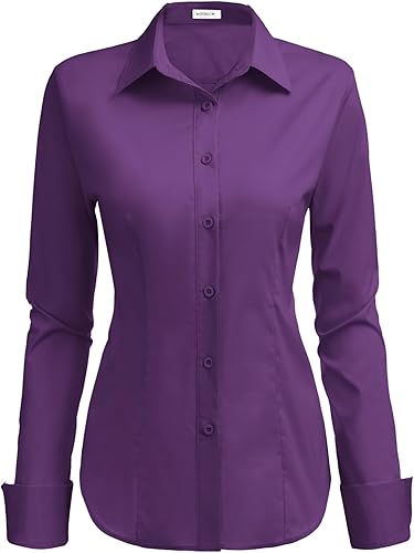 HOTOUCH Womens Stretch Basic Button Down Shirt Long Sleeve Slim Fit Dress Shirts Solid Work Office Blouses Top