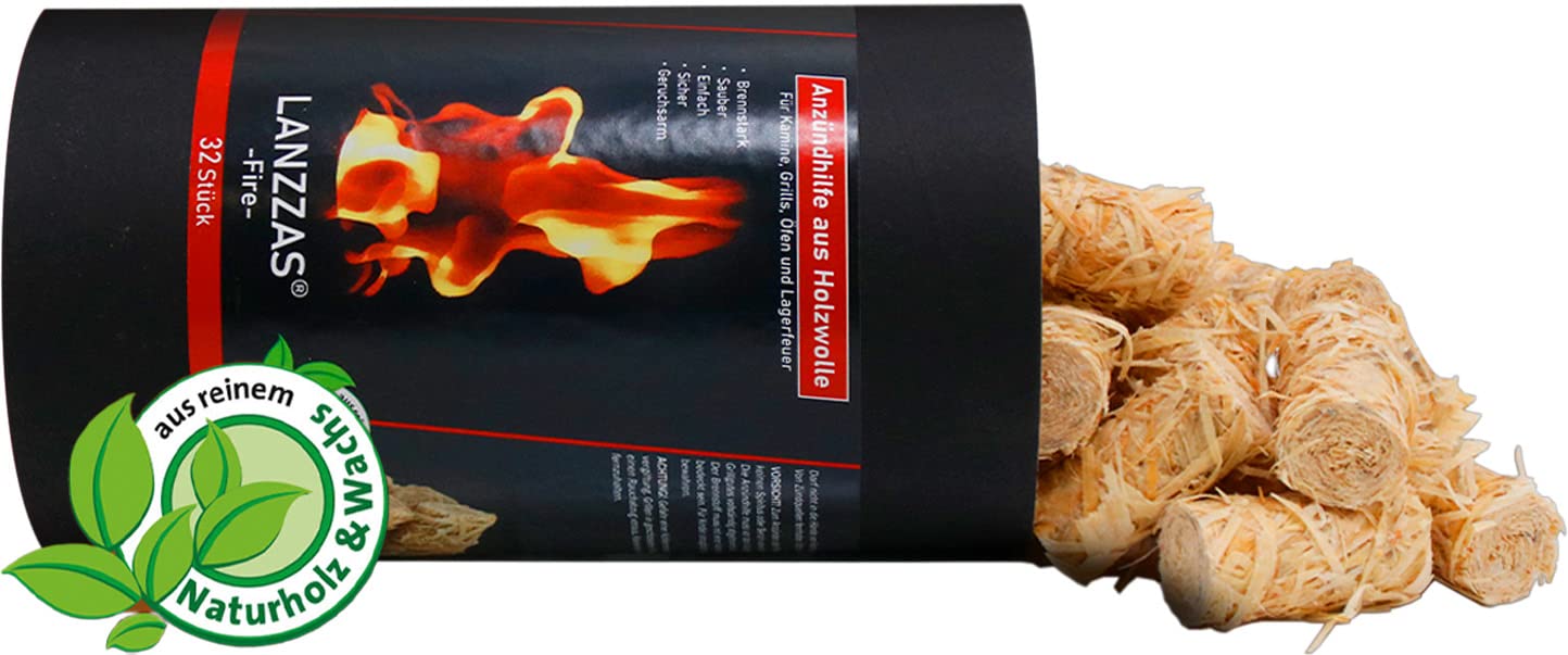 LANZZAS® 192 accenditori per camino e barbecue (lana di accensione) in lana di legno naturale e cera, dispositivo di accensione altamente indurito per una lunga durata.