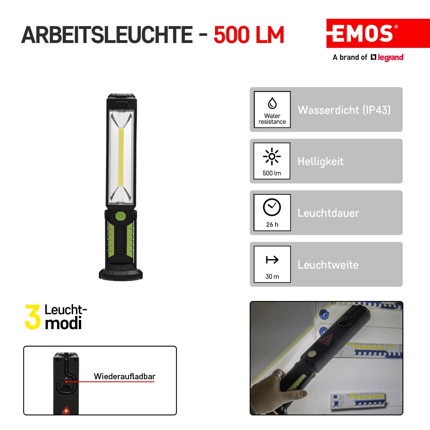 Emos e708 a de COB + 5, recargables lámpara – 5 W COB LED, plástico, Green, 6, X 32 X 7, 6 cm