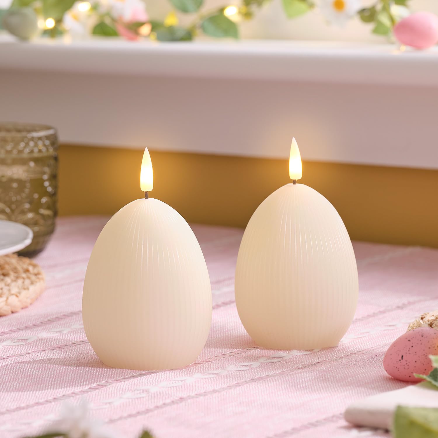 Lights4fun TruGlow® Ivory Ribbed LED Egg Candle Duo with Remote Control, Battery Operated Easter Candles for Spring Home Décor & Table Styling