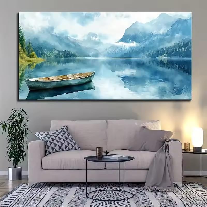 MAIMANG 1-teiliges Leinwandbild – Ruhige See-, Berg- und Himmelslandschaft mit Boot, Modernes Gemälde (80 x 150 cm/Innenrahmen)