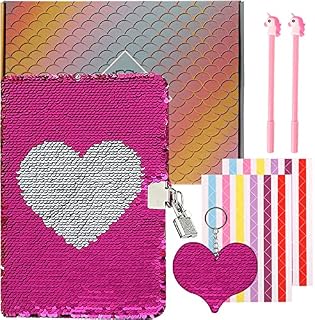 Sequin Notebook Lockable Diary Reversible Sequin Journal, A5 Secret Notepad and Pens Writing Stationery Set with Sequin Keychain Birthday Gift for Girls Kids (Heart)