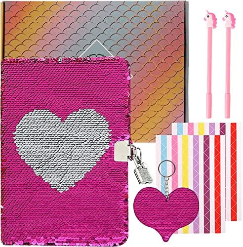 Sequin Notebook Lockable Diary Reversible Sequin Journal, A5 Secret Notepad and Pens Writing Stationery Set with Sequin Keychain Birthday Gift for Girls Kids (Heart)