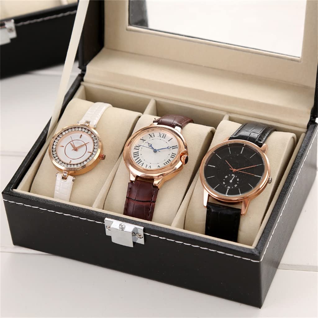 Uhrenbox, klein, 3 Fächer, für Herren, schwarzes Leder, Display, Glasplatte, Schmucketui, Organizer, Uhrenaufbewahrung, Schmuckschatulle (Farbe: A, Größe: 15,5 x 11 x 8 cm) (A 15,5 x 11 x 8 cm)