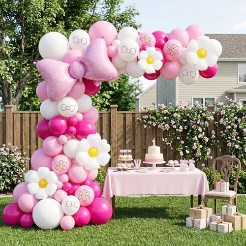 Pink Balloons Arch Kit 140pcs hot Pink White Garland kit include Bow Daisy print Balloons and Bow Daisy Foil Balloons for Cartoon Cat Theme Birthday Girl Kids Birthday Baby Shower Flower Decor