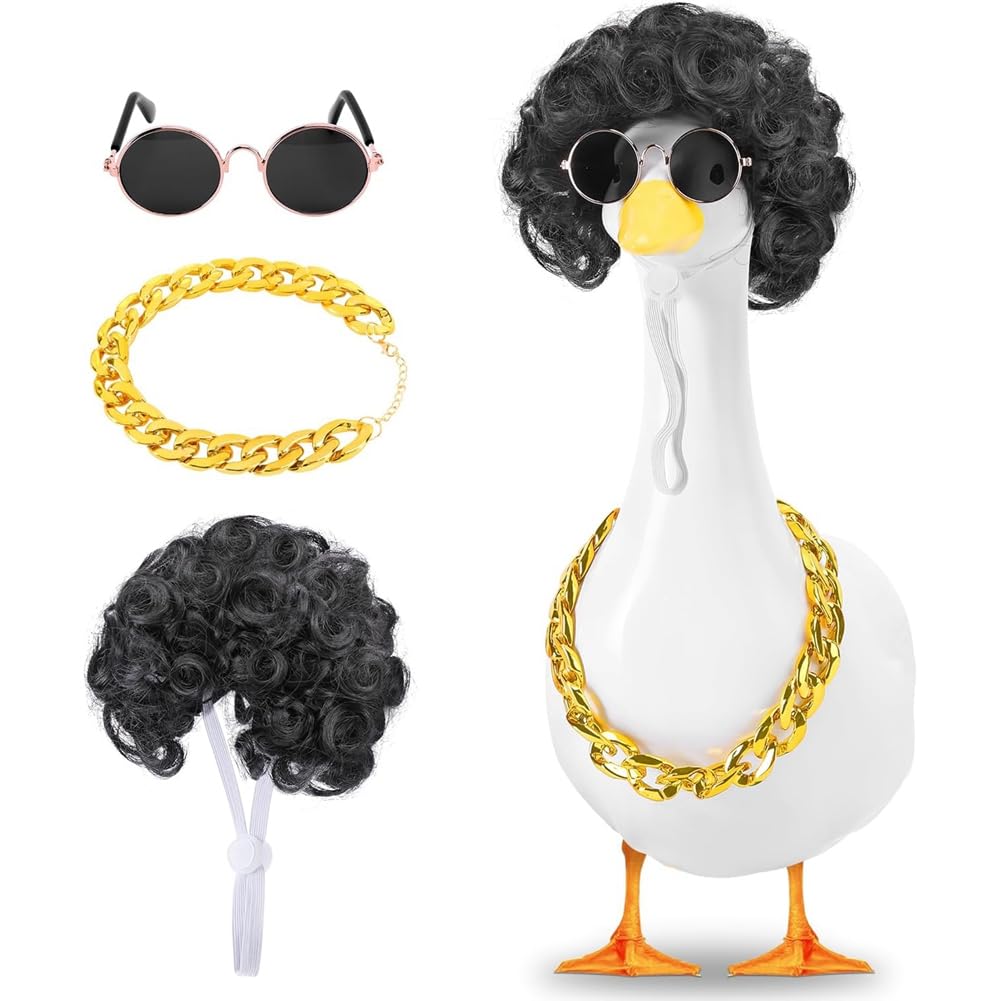CTRLZS Cool Lawn Goose Statue Outfit 3Pcs/Set, Porch Garden Goose Costume Clothing, Gold Chain Sunglasses Wig