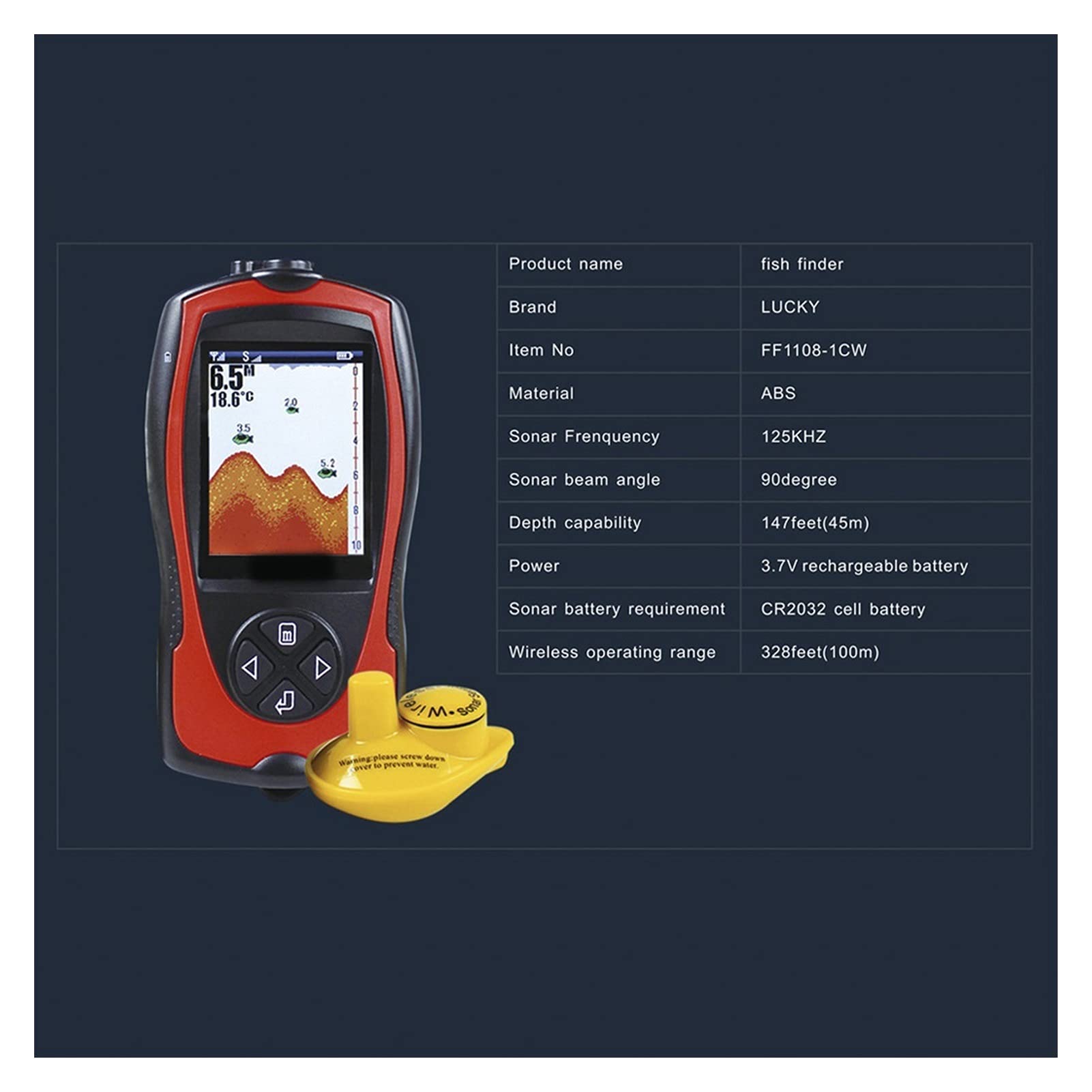 Buscador de Peces, 2.4 Pulgadas LCD Inalámbrico Fish Finder Alarma Detector de Peces Sonar Transductor Profundidad Localizador Hielo Barco océano