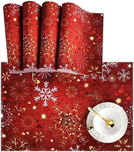 Naanle Christmas Holiday Placemats Set of 4, Christmas Red Gold Snowflake Non Slip Heat-Resistant Washable Table Place Mats for Kitchen Dining Table Home Decoration, 12" x 18"