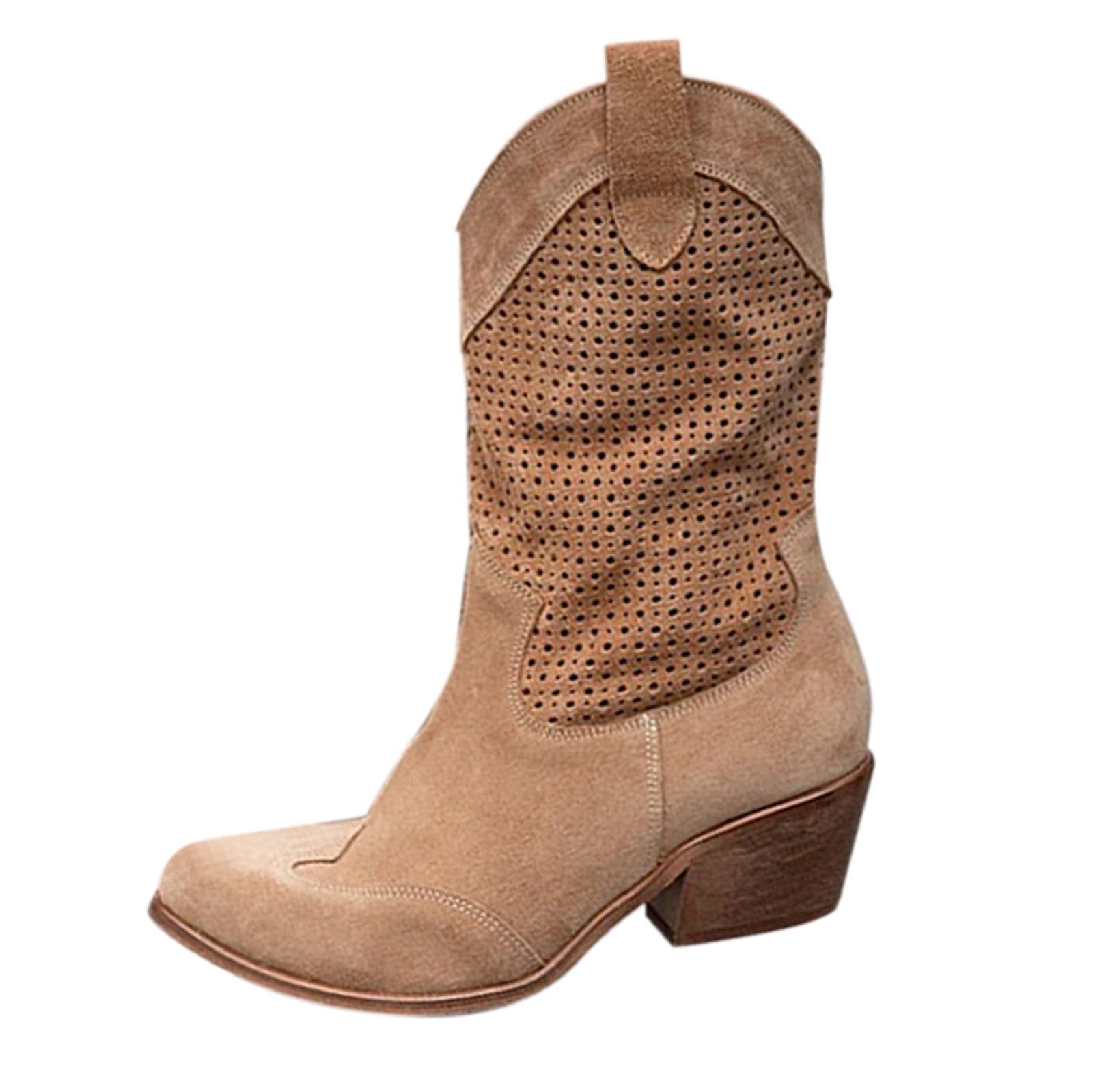 Bottes Femme,Santiag Femme, Demi Bottes En Daim Bottes,Occidentales Hautes Bottes,Pointues À Talons Bas Bottes, Mi Longues En Daim Perforé Chaussures Pour,Femmes Bottes Longues, Cowboy Stiefeletten