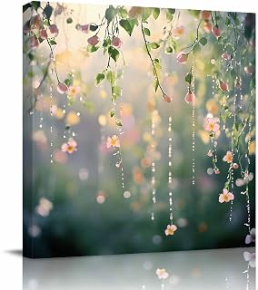 Square Wall Art Paintings Canvas Spring Nature Giclee Artwork Modern Prints Pictures for Bedroom Living Room Home Decor, Wooden Frame, Ready to Hang, 20x20inch, Hanging Flower Dew Drop