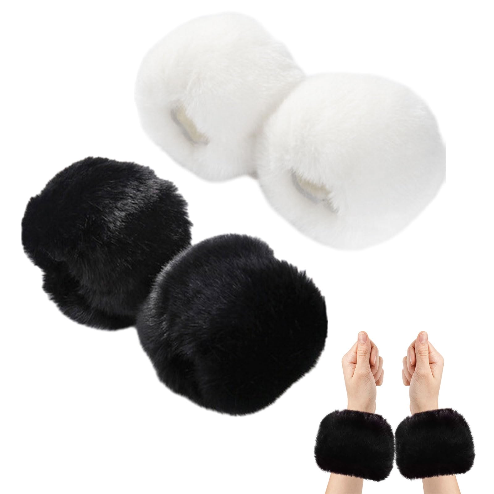 EUPSIIU 2 Pcs Faux Fur Wrist Cuffs, Winter Wrist Cuff, Warmers Fuzzy Wrist Cuffs, Fluffy Arm Warmers Sleeves, Soft Winter Women Wrist Cuff, for Outdoor Activities Traveling (Black, White, One Size)