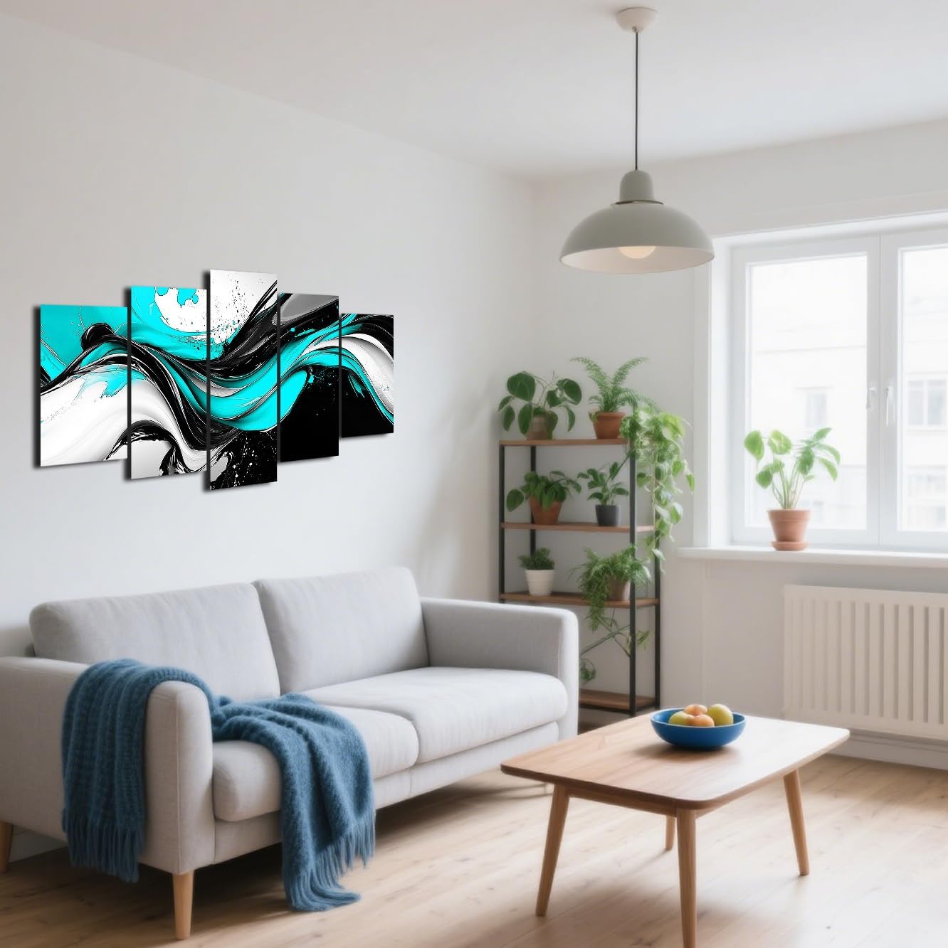 CXHOSTENT Teal Abstract Wall Art 5 Pieces Teal Grey and Black Canvas Print Turquoise Blue Picture Prints Large Artwork for Living Room Bedroom Decir Framed (Blue, 8x14inx2 8x18inx2 8x22inx1)